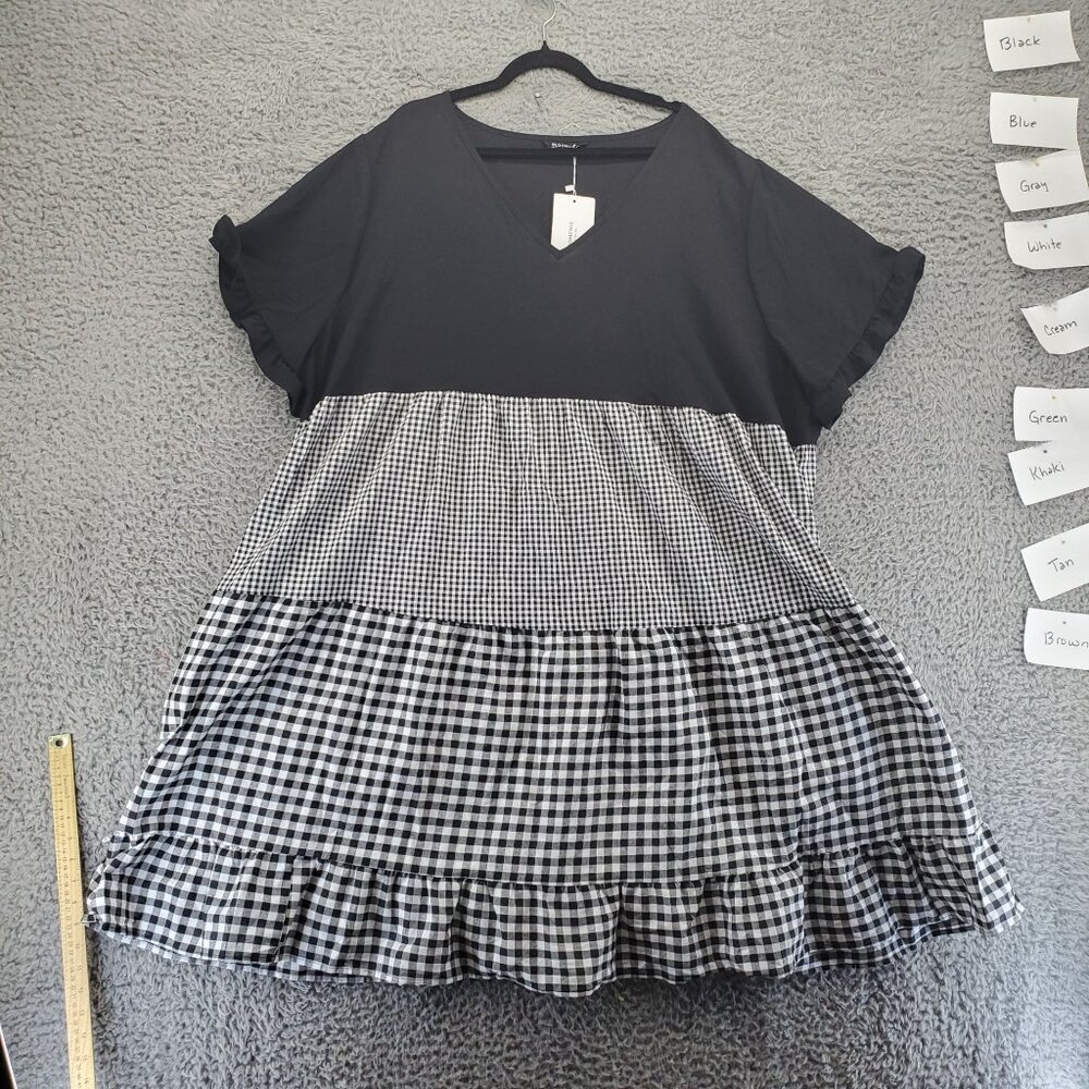 Bloomchic Dress Womens Size 28 Black White Gingham Check Tiered Babydoll *NWT*